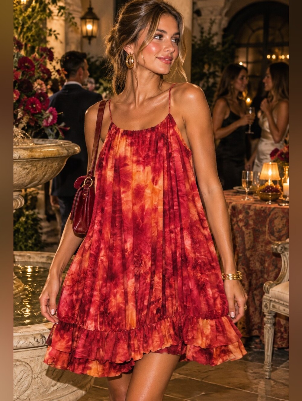 Vtg Fave Tie-dye Womens M Bubble Ruffle Hem USA Dress Vacation Resort Tropical